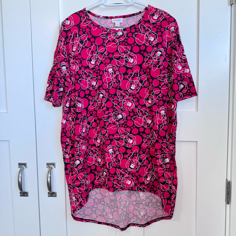 New‎ LulaRoe Irma Tunic High Low Minnie Mouse Pink Black White Print Size XS